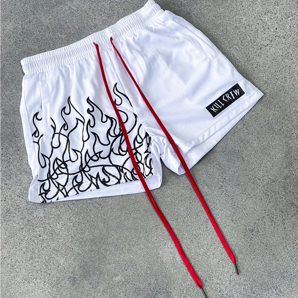 Kill Crew MUAY THAI FLAME SHORTS (MID THIGH CUT) - WHITE / BLACK Medium